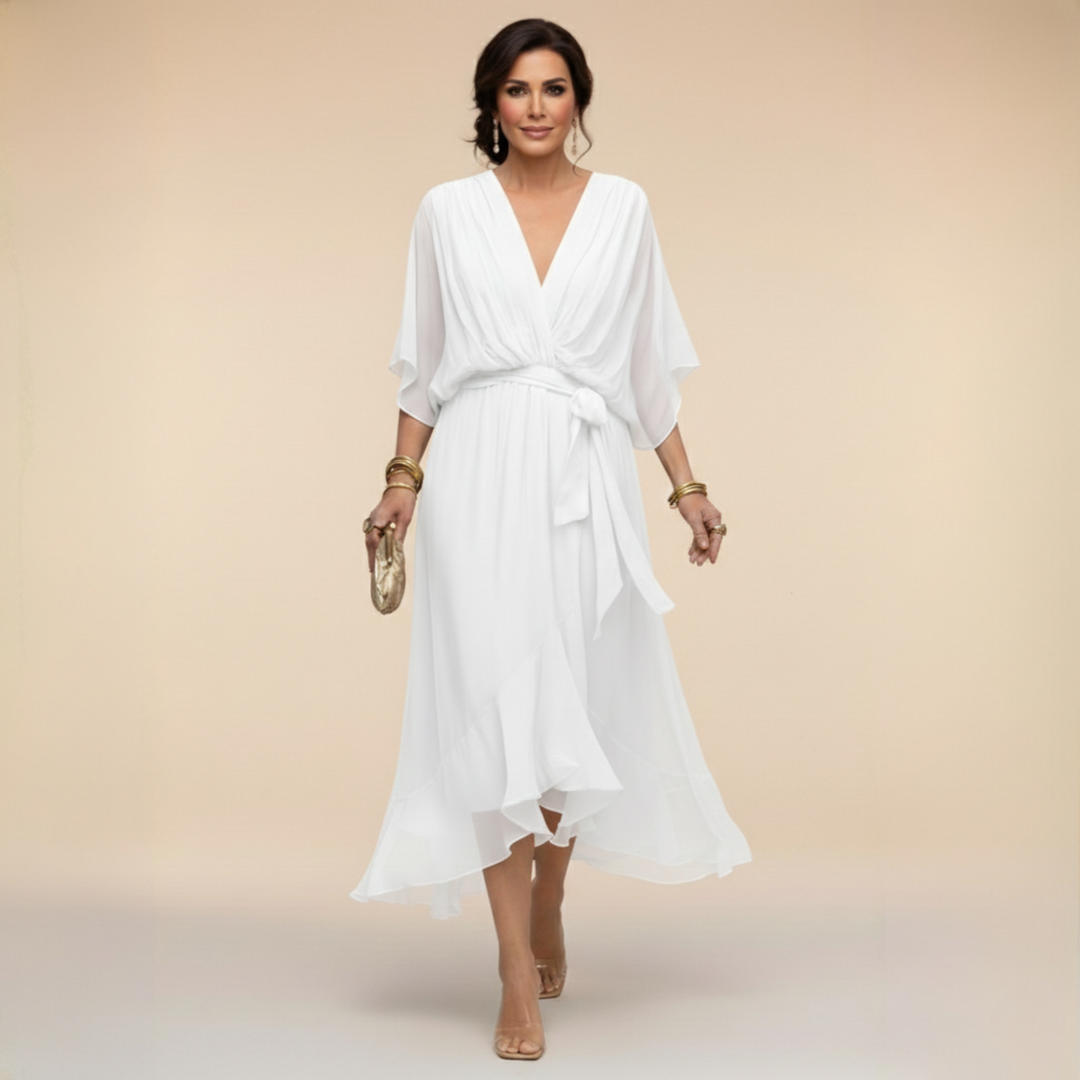 Women's Midi Wrap Dress with V-Neck and 3/4 Sleeves