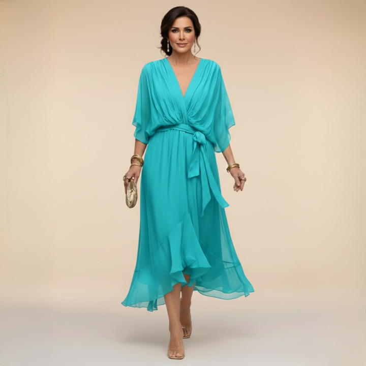 Women's Midi Wrap Dress with V-Neck and 3/4 Sleeves