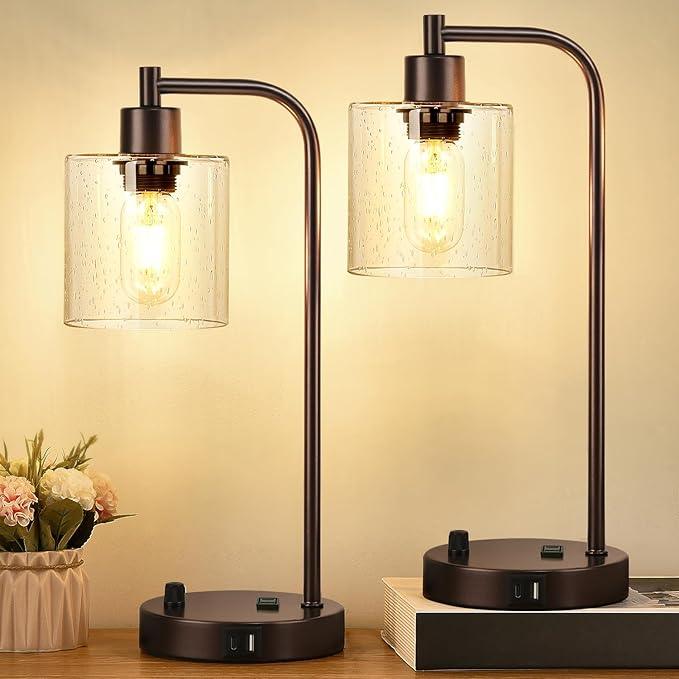 Industrial Table Lamp Set - Dimmable with Charging Ports