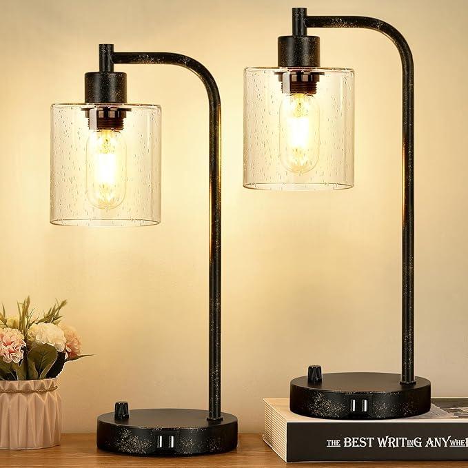 Industrial Table Lamp Set - Dimmable with Charging Ports