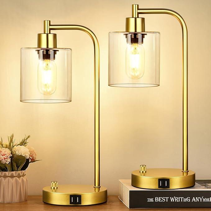 Industrial Table Lamp Set - Dimmable with Charging Ports