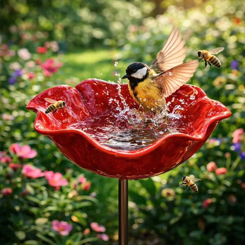 Metal Poppy Bird Bath Garden Stake – Garden and Balcony Decor, 60 cm
