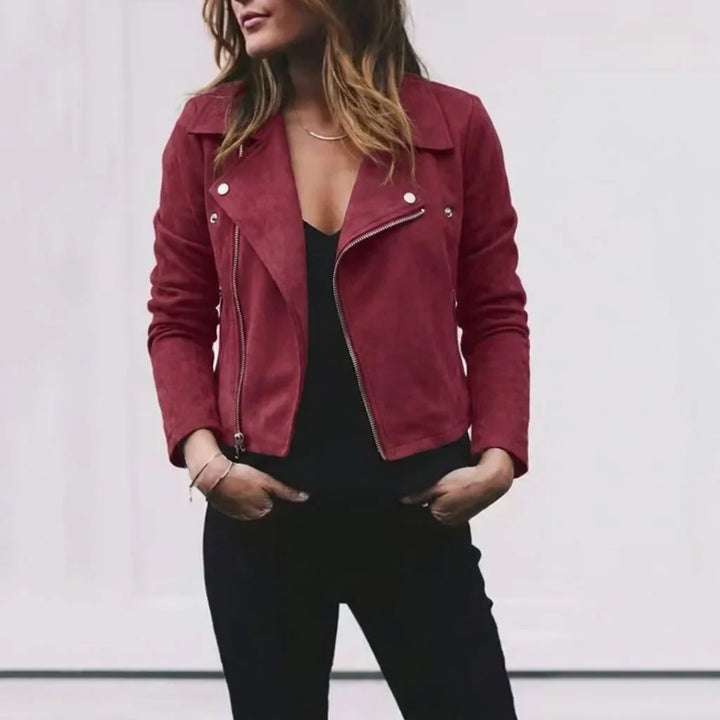 Suede Cropped Jacket with Lapel Collar for Women