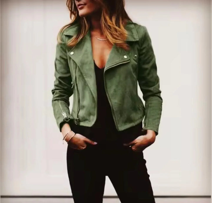Suede Cropped Jacket with Lapel Collar for Women