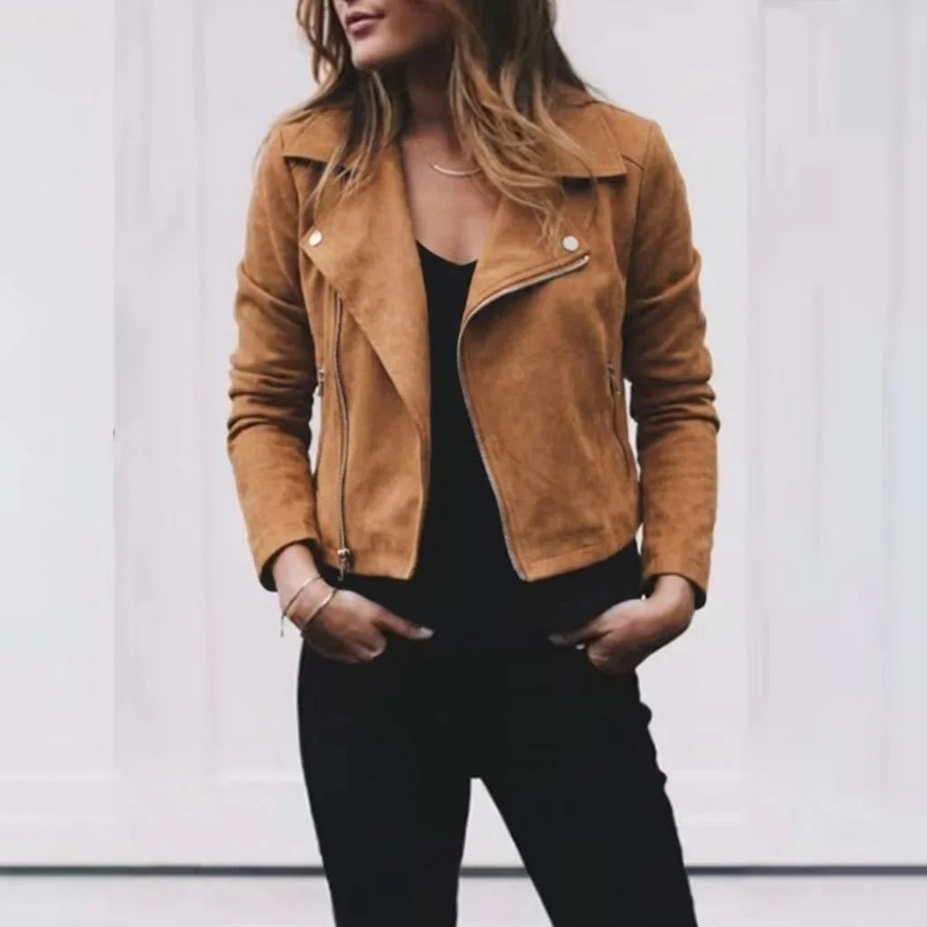 Suede Cropped Jacket with Lapel Collar for Women