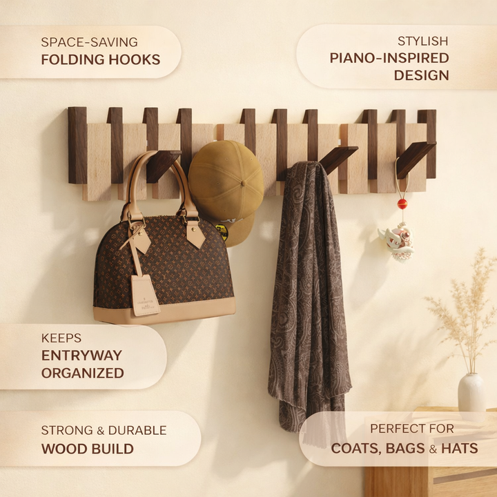 Wall Coat Rack with Wooden Folding Hooks Space Saving Entryway Organizer