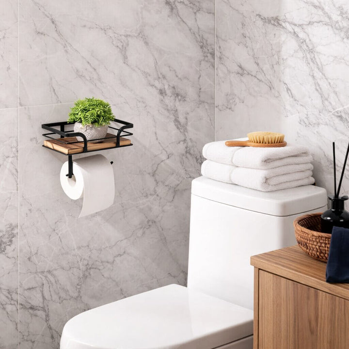Wall-Mounted Toilet Paper Holder with Shelf for Phone and Wipes