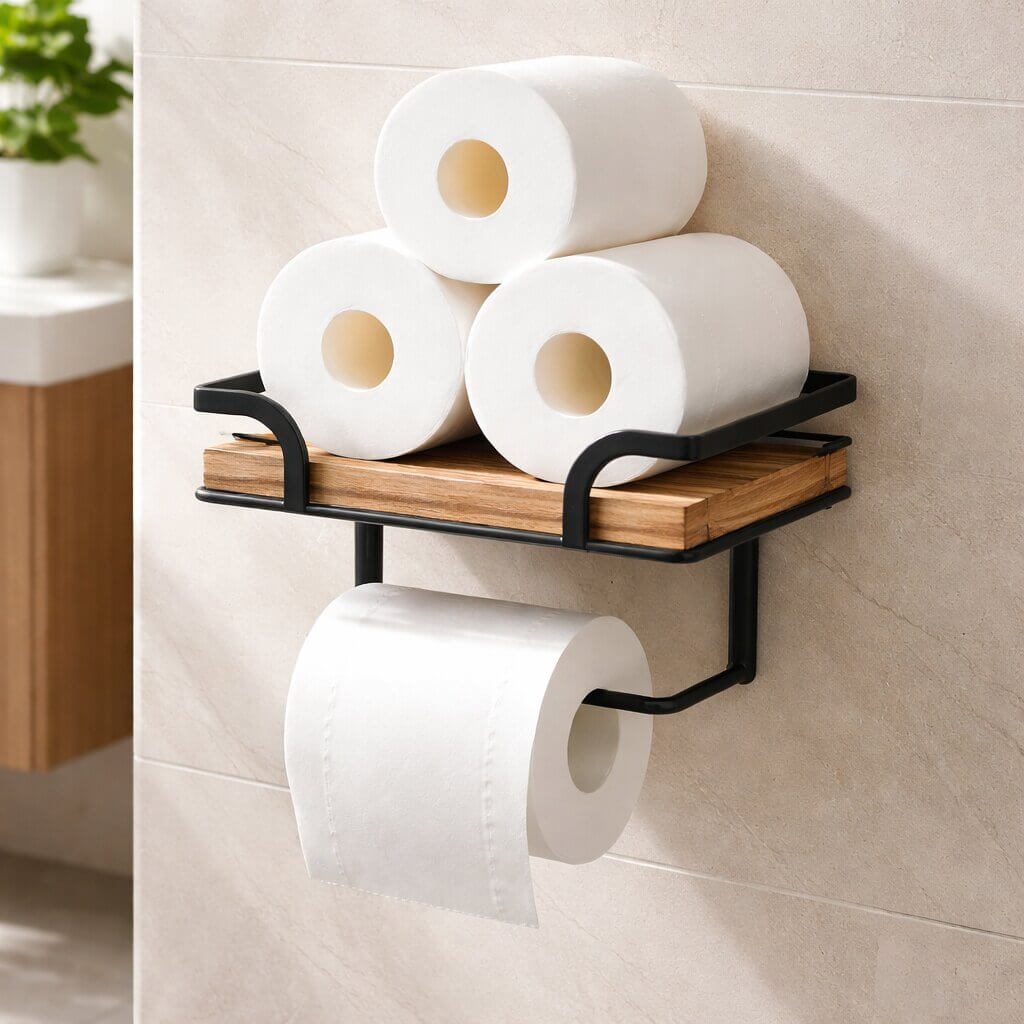 Wall-Mounted Toilet Paper Holder with Shelf for Phone and Wipes