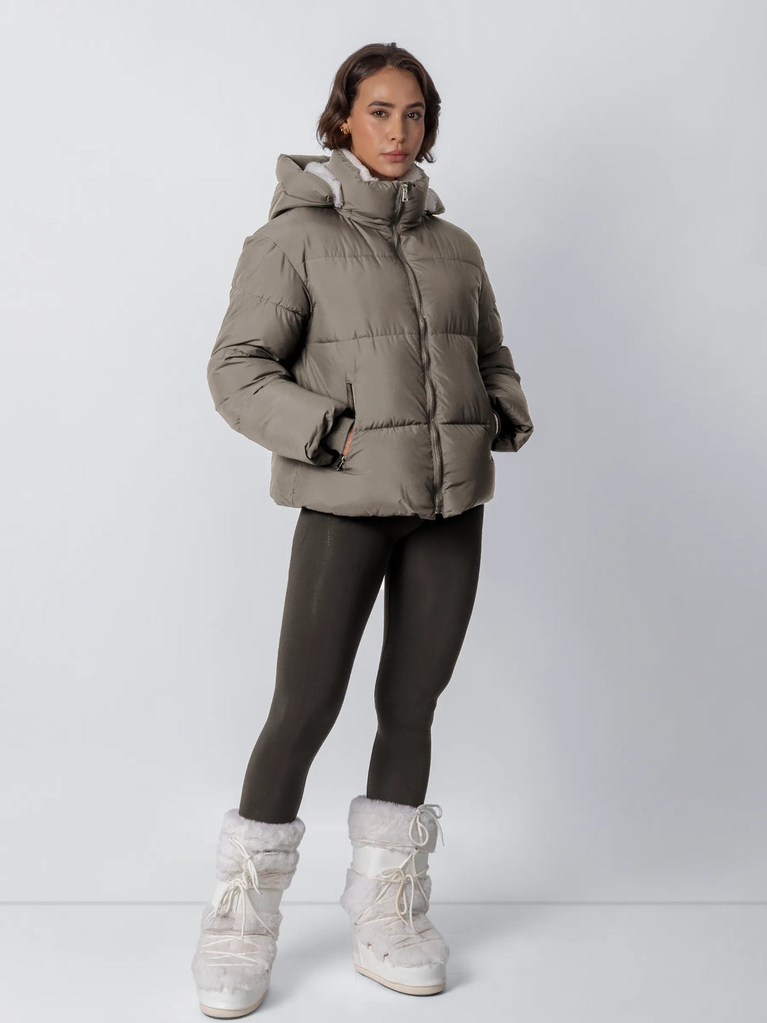 Women's Cropped Quilted Jacket with Removable Hood and Fleece Lining