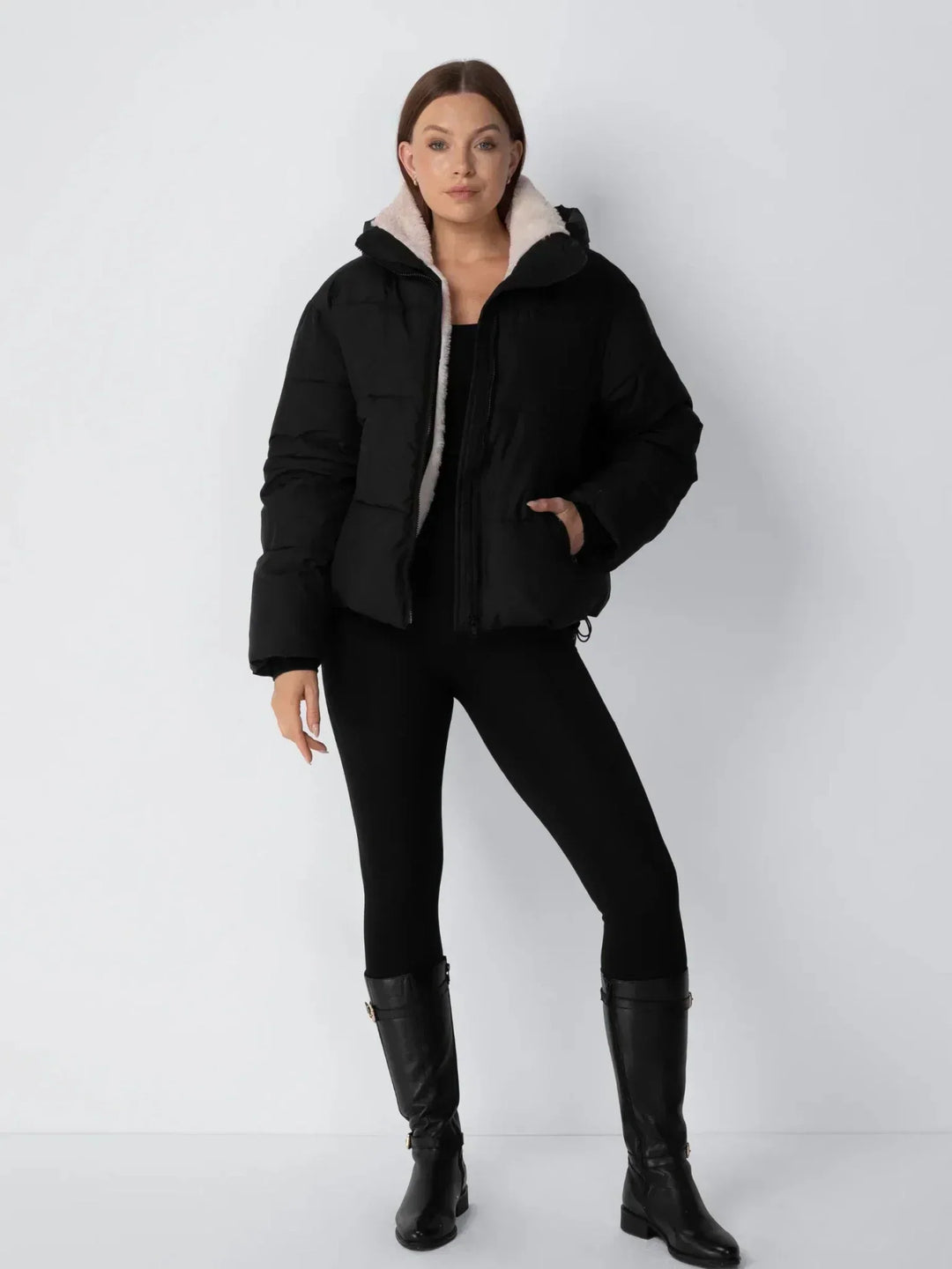 Women's Cropped Quilted Jacket with Removable Hood and Fleece Lining