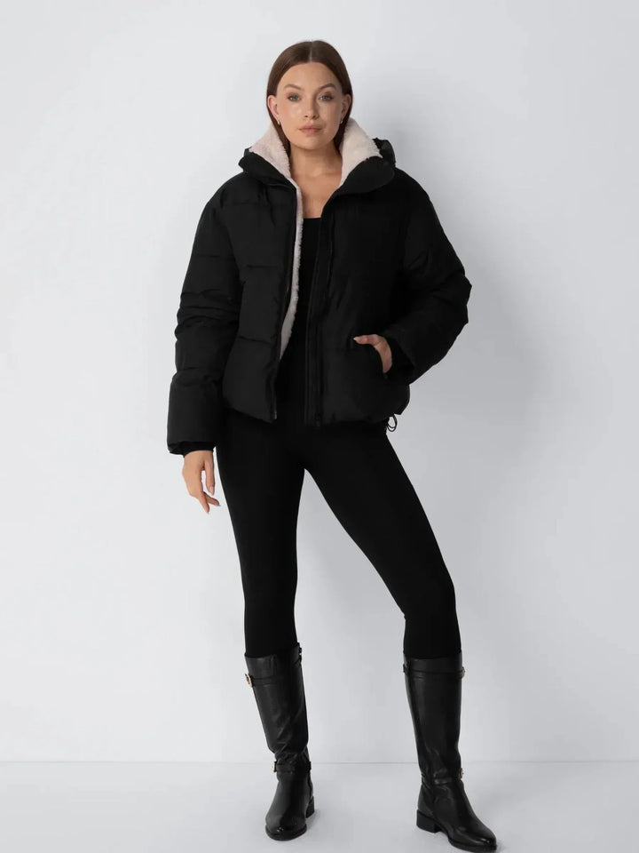 Women's Cropped Quilted Jacket with Removable Hood and Fleece Lining