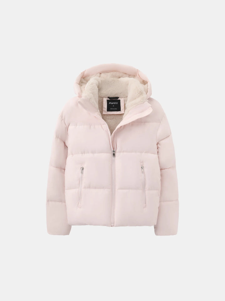 Women's Cropped Quilted Jacket with Removable Hood and Fleece Lining