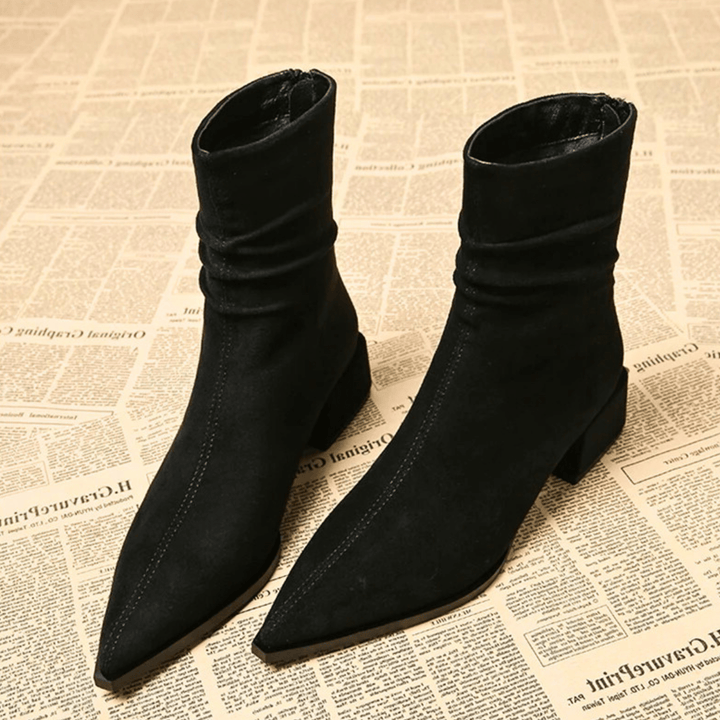 Women's Suede Boots with Pointed Toe and Block Heel