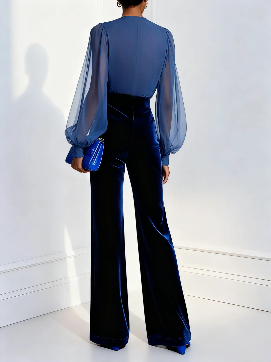 Women's Velvet Wide-Leg Jumpsuit Blue with V-Neck