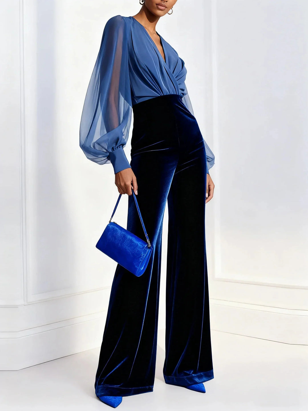 Women's Velvet Wide-Leg Jumpsuit Blue with V-Neck