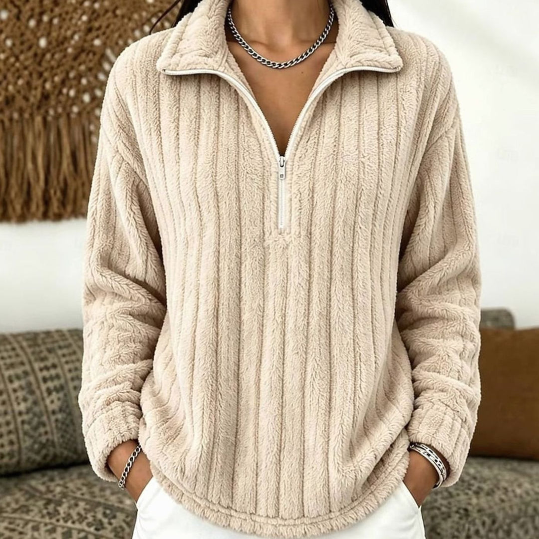 Women's Fleece Sweater with Half Zip – Rib-Knit Pullover