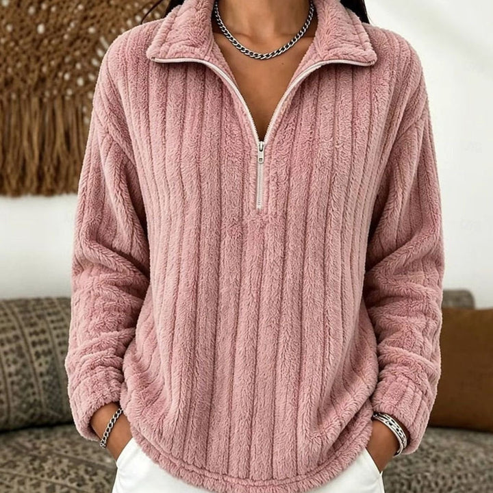 Women's Fleece Sweater with Half Zip – Rib-Knit Pullover