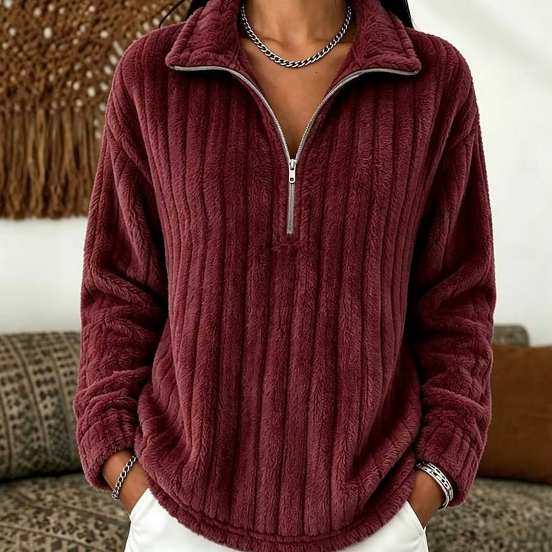 Women's Fleece Sweater with Half Zip – Rib-Knit Pullover
