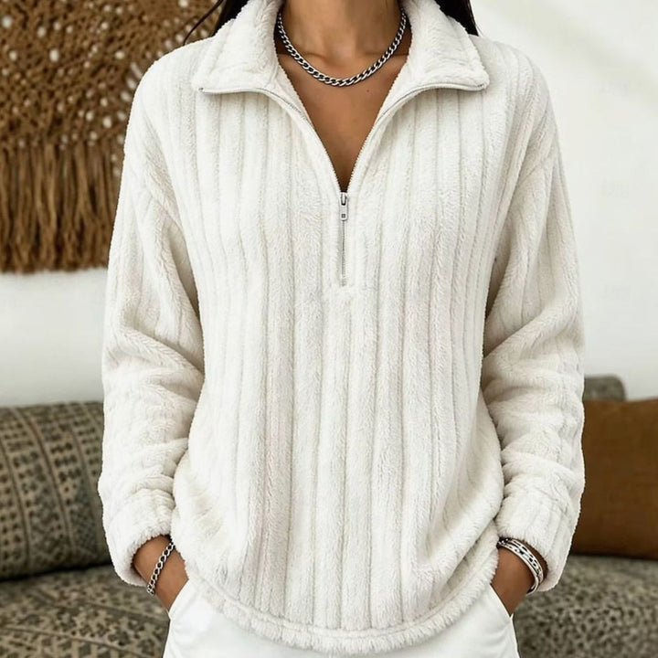 Women's Fleece Sweater with Half Zip – Rib-Knit Pullover