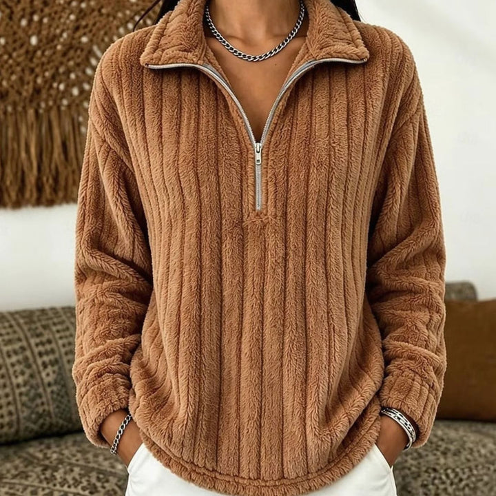 Women's Fleece Sweater with Half Zip – Rib-Knit Pullover