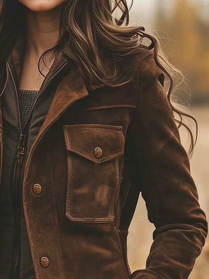 Women's Suede Jacket Brown with Lapel Collar and Button Fastening