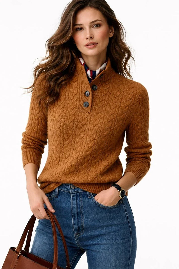 Women's Cable Knit Sweater with Polo Neck and Buttons – Knitted Pullover