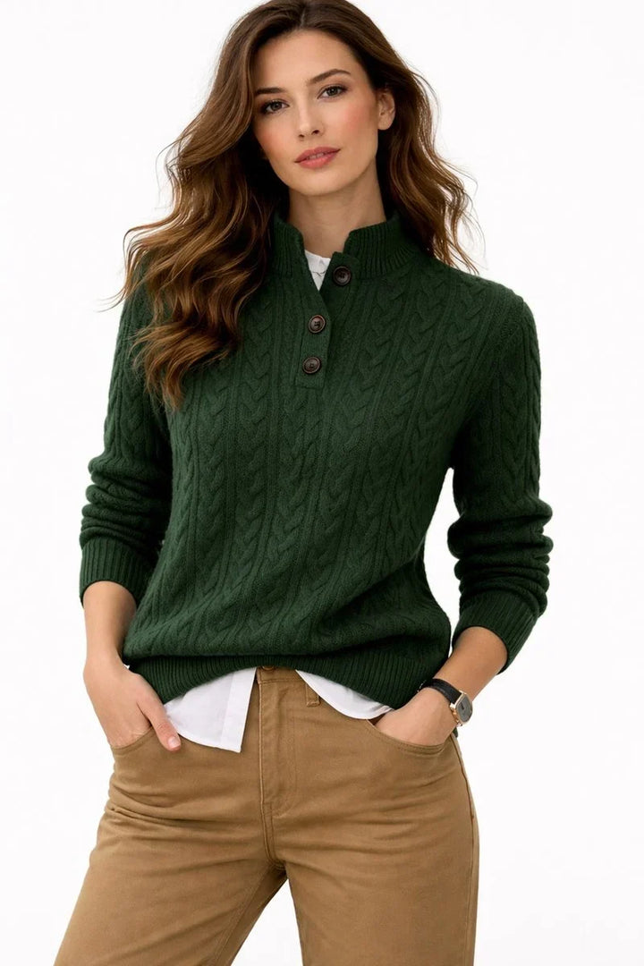 Women's Cable Knit Sweater with Polo Neck and Buttons – Knitted Pullover