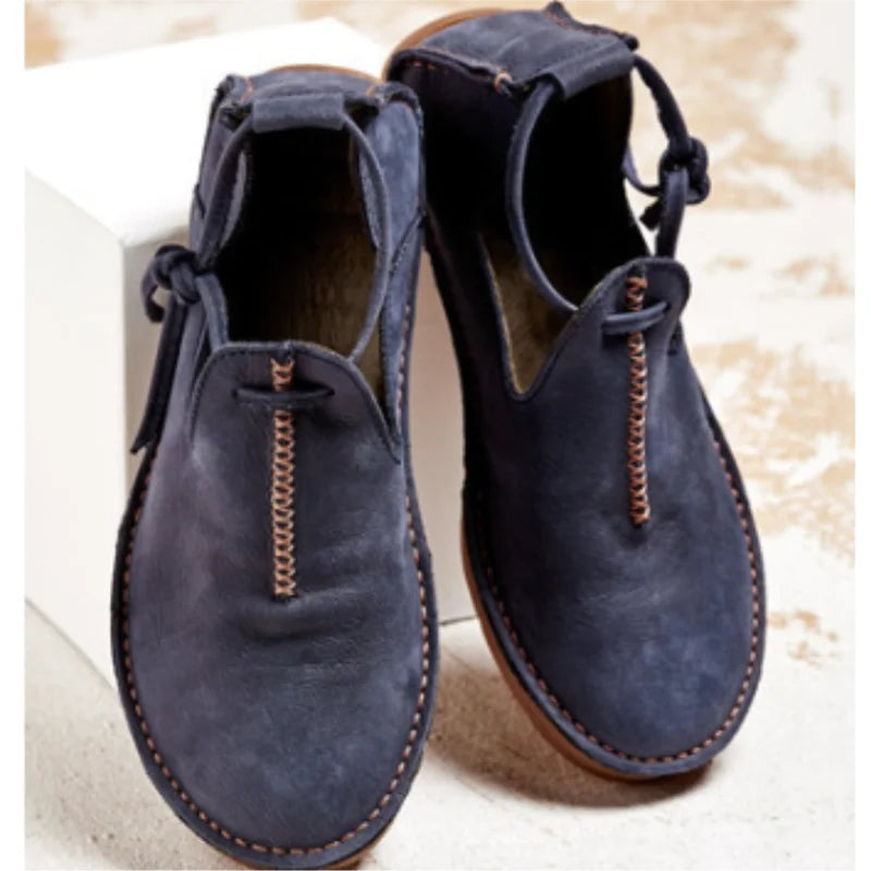 Women's casual suede lace-up flat shoes with decorative stitching