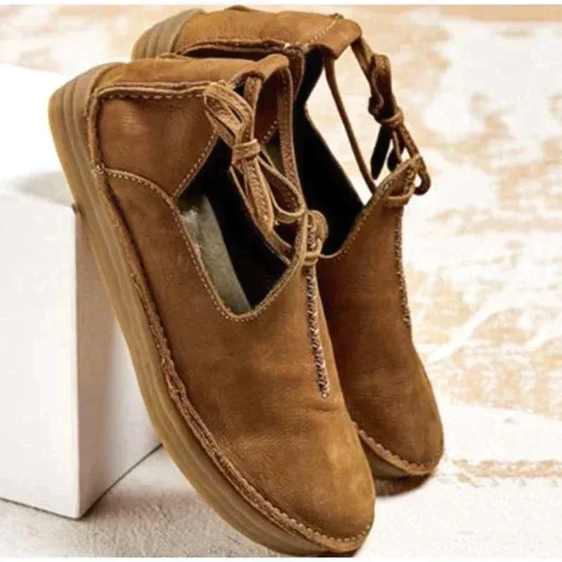 Women's casual suede lace-up flat shoes with decorative stitching