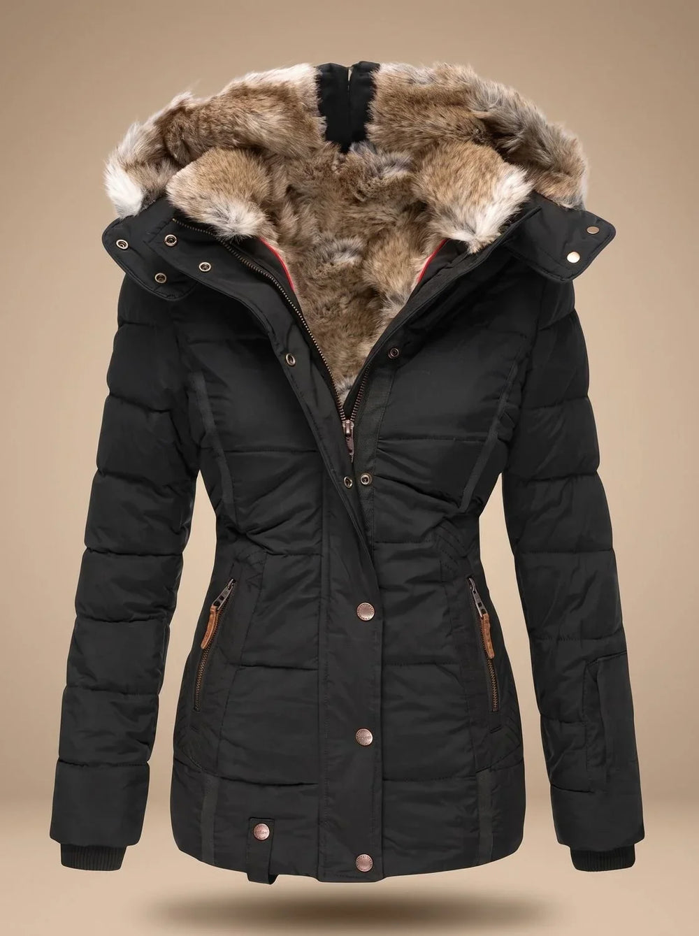 Women's puffer coat faux-fur hooded quilted winter