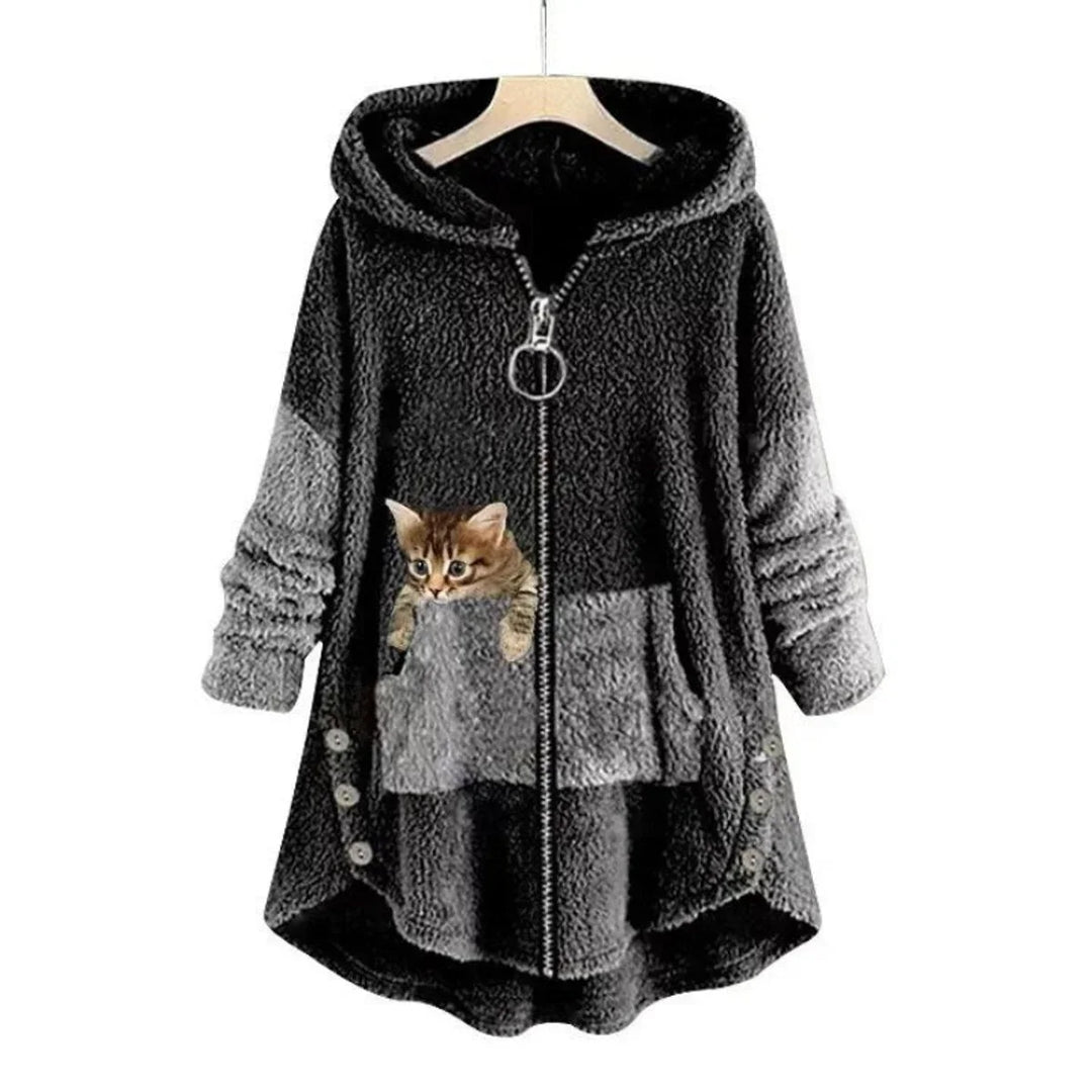 Women's Fleece Zip-Up Hooded Cat Pocket Sweater