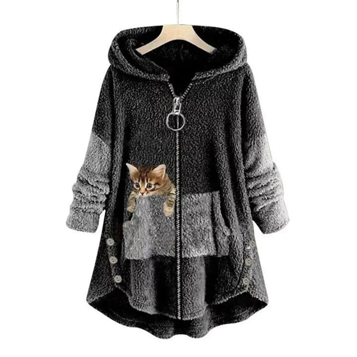 Women's Fleece Zip-Up Hooded Cat Pocket Sweater