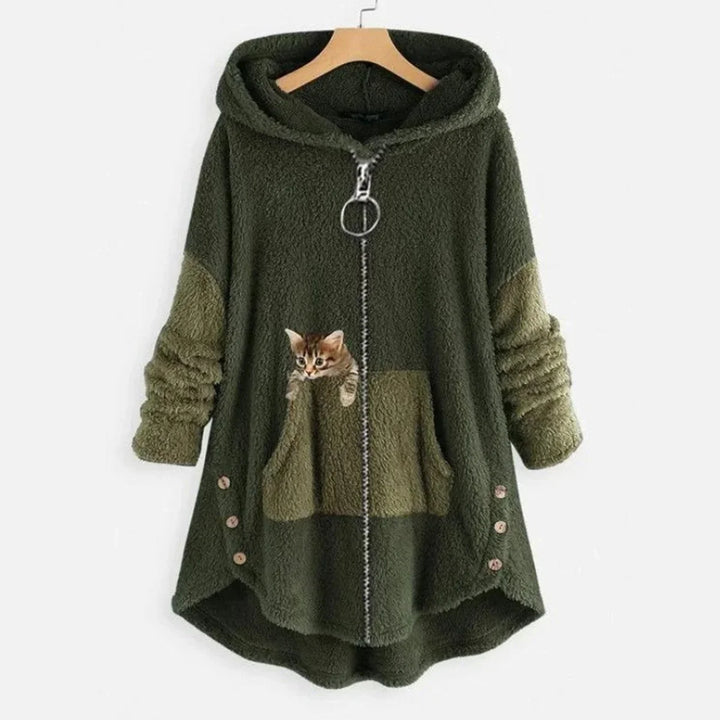 Women's Fleece Zip-Up Hooded Cat Pocket Sweater