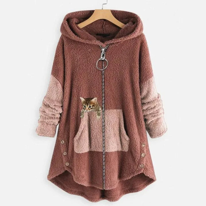 Women's Fleece Zip-Up Hooded Cat Pocket Sweater
