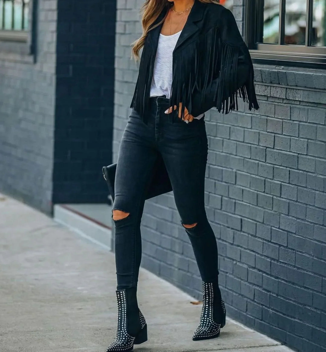 Women's fringe suede cropped moto leather jacket