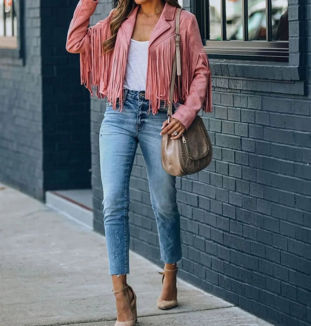 Women's fringe suede cropped moto leather jacket