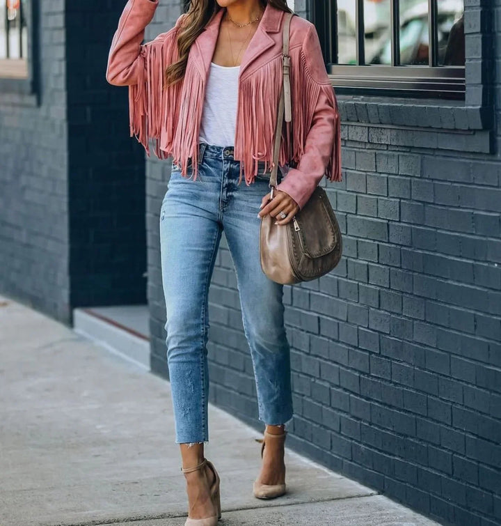 Women's fringe suede cropped moto leather jacket