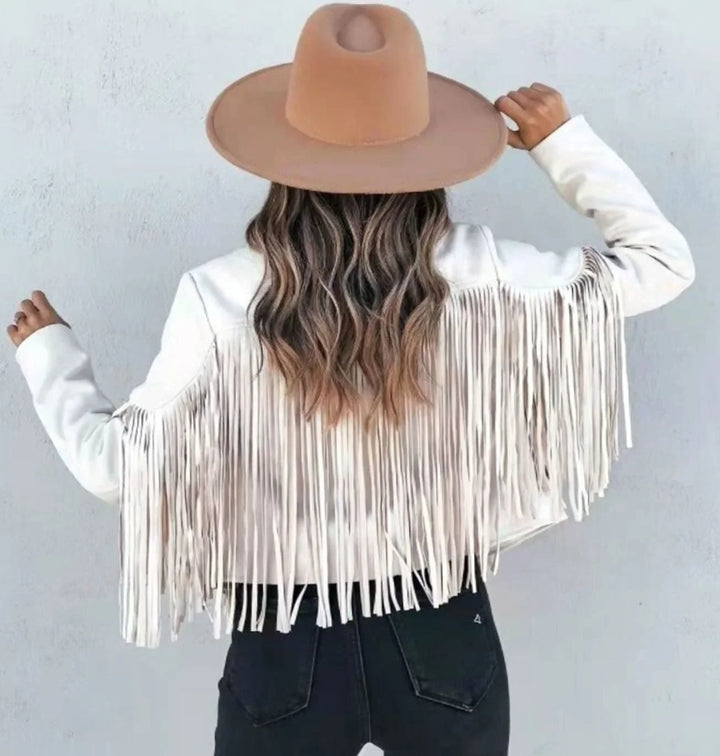 Women's fringe suede cropped moto leather jacket