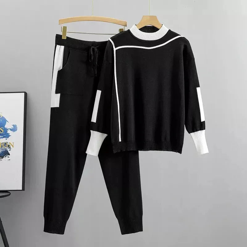 Women's knit colour-block tracksuit with mock-neck and tapered-leg pants