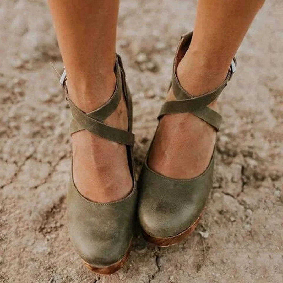 Women's leather closed-toe Mary-Jane platform wedge heels with ankle strap