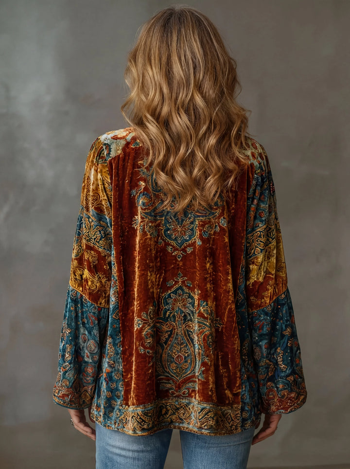 Women's ornate velvet boho kimono denim jacket with wide bell sleeves