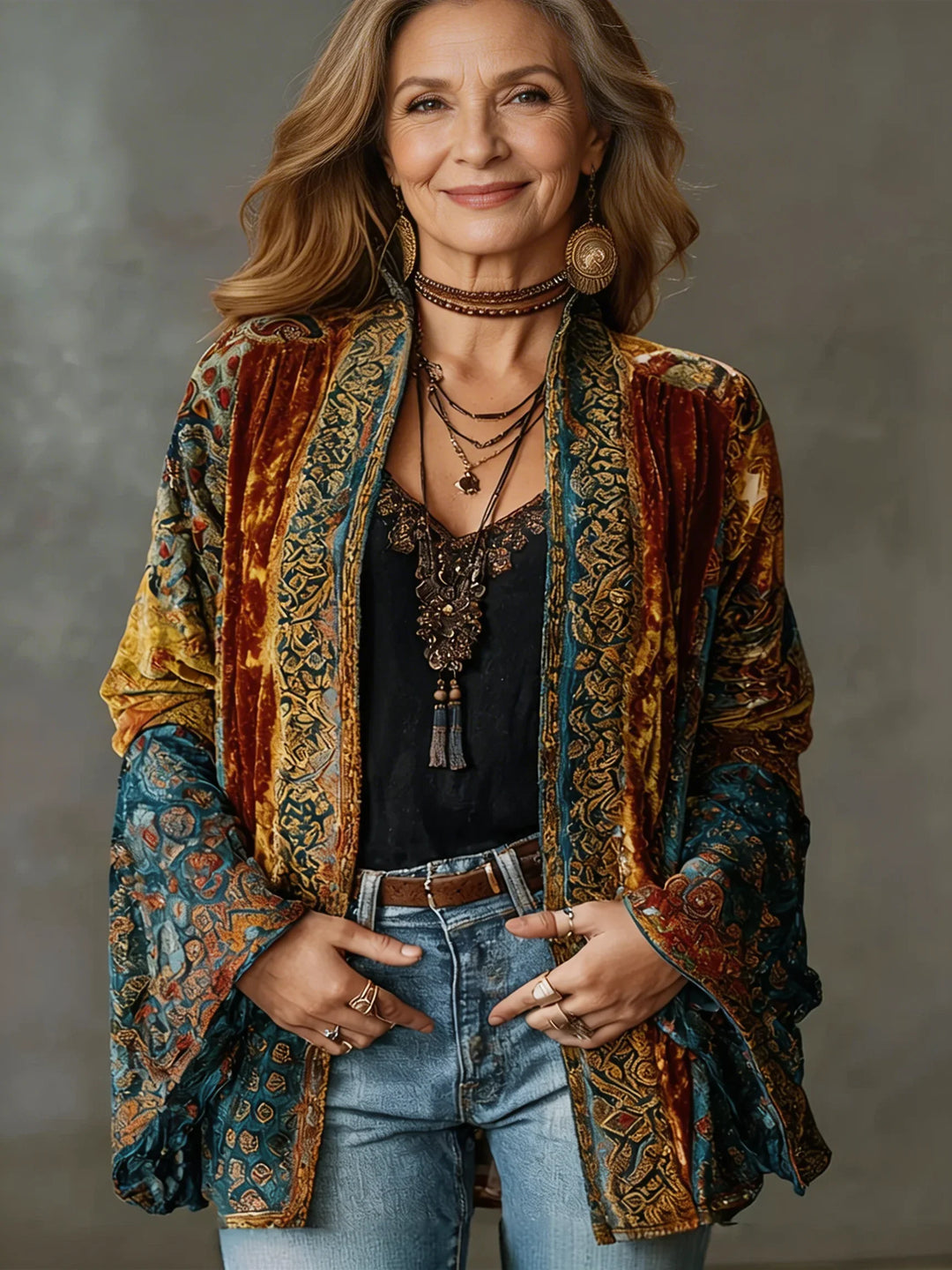 Women's ornate velvet boho kimono denim jacket with wide bell sleeves