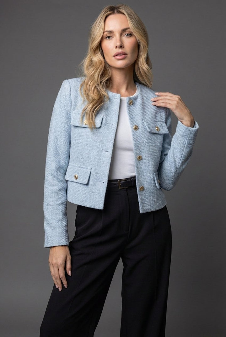 Women's Tweed Blazer Cropped with Round Neck and Buttons